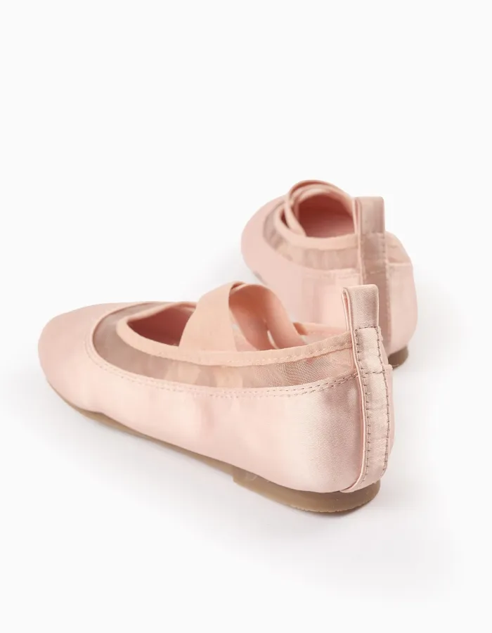 Satin Ballerina Flats with Elastics for Girls, Pink