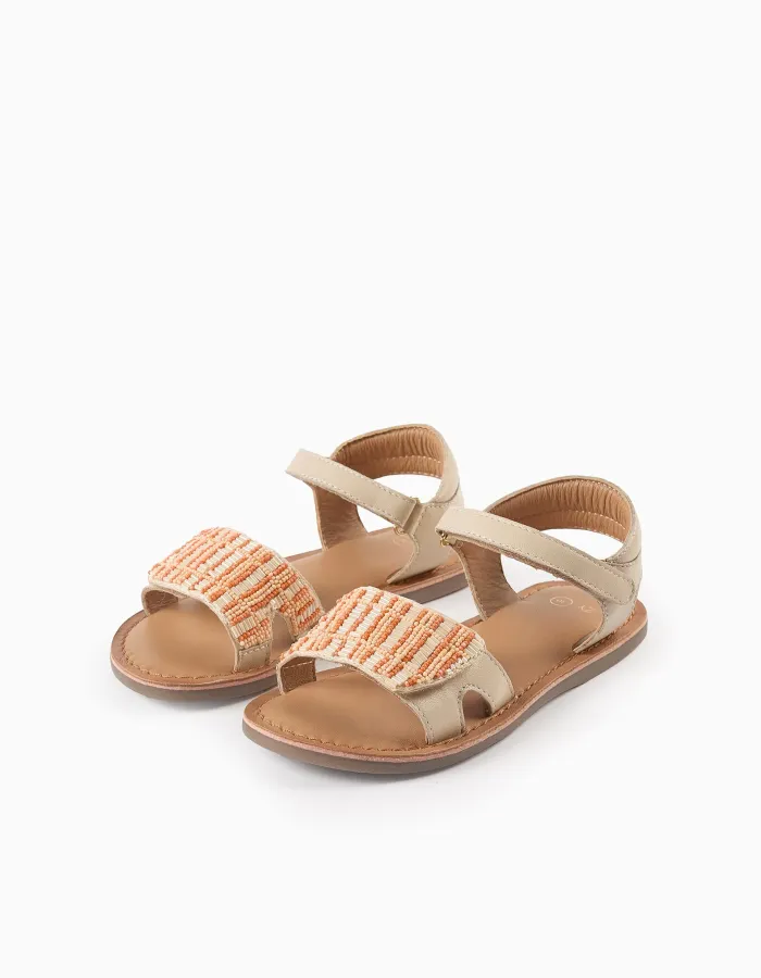 Leather Sandals with Beads for Girls, Beige