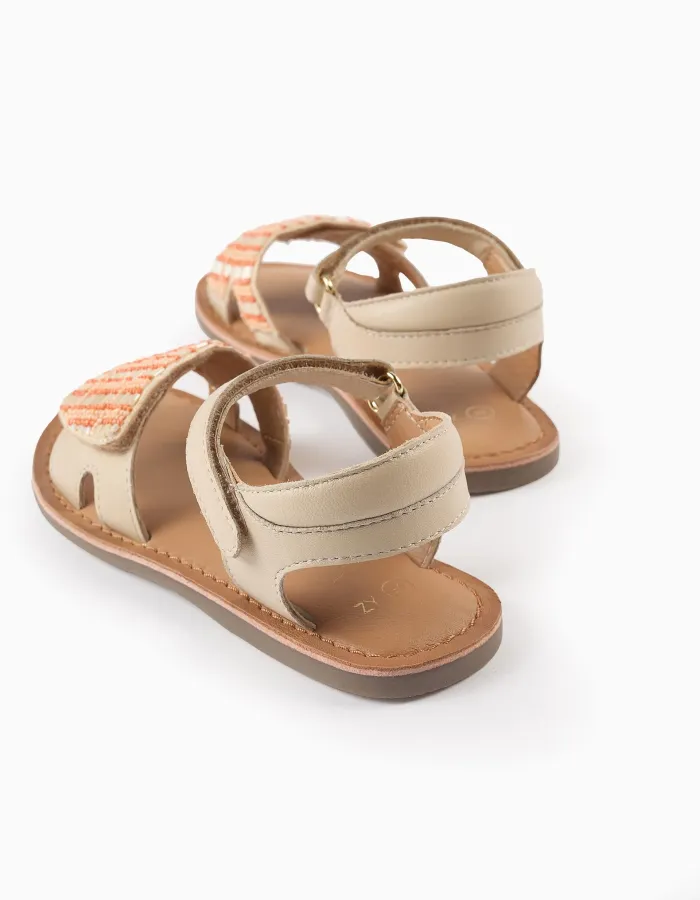 Leather Sandals with Beads for Girls, Beige