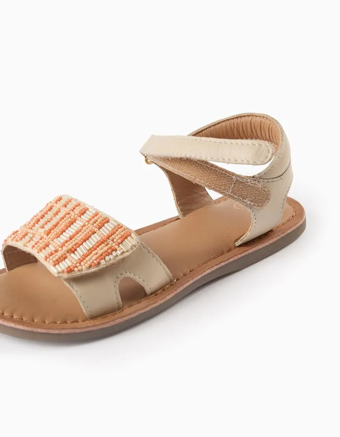 Leather Sandals with Beads for Girls, Beige