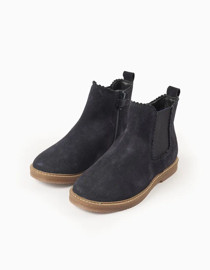 Suede Chelsea boots with scalloped effect for girls, dark blue