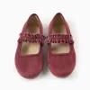Velvet Mary Janes with Ruffles and Sparkles for Girls, Dark Pink