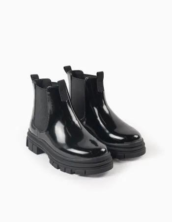 Patent Boots with Elastic Panels for Girls, Black