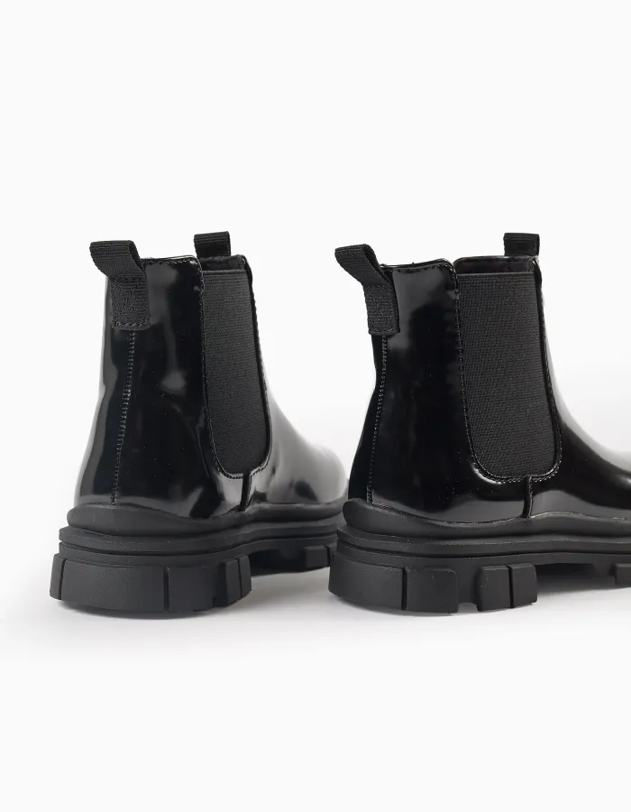 Patent Boots with Elastic Panels for Girls, Black