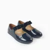 Patent Leather Ballerina Flats with Velvet Bow for Girls, Dark Blue