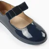Patent Leather Ballerina Flats with Velvet Bow for Girls, Dark Blue