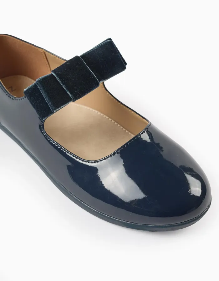 Patent Leather Ballerina Flats with Velvet Bow for Girls, Dark Blue