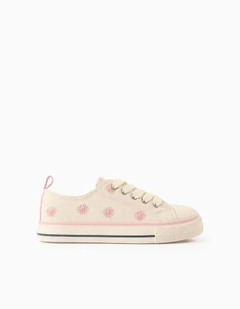 Canvas trainers with embroidered floral motif for girls, light beige