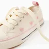 Canvas trainers with embroidered floral motif for girls, light beige