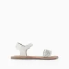 Leather sandals with mosaic laser cut strap for girls, white