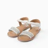 Leather sandals with mosaic laser cut strap for girls, white
