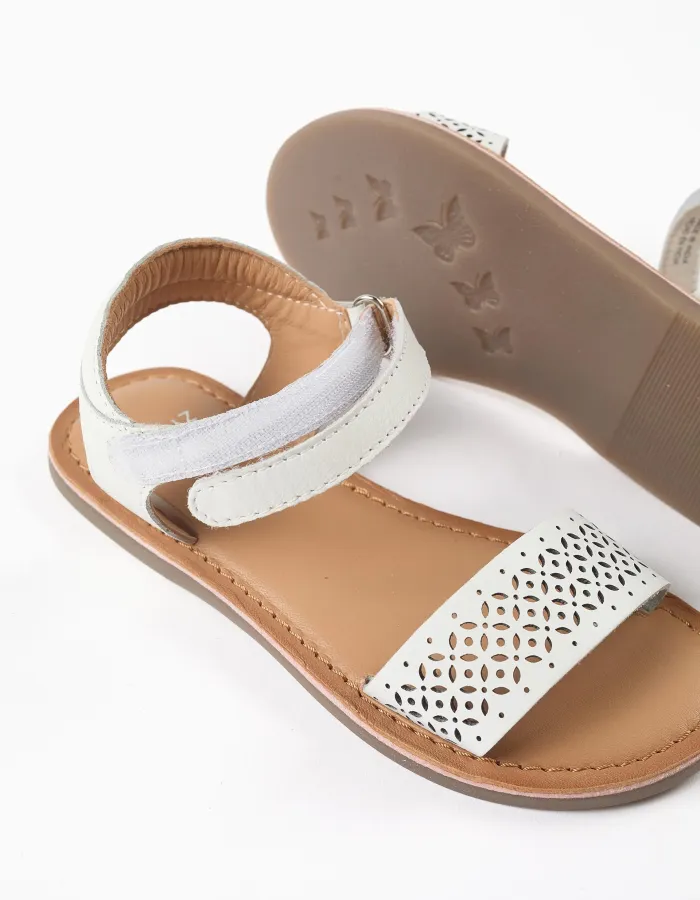 Leather sandals with mosaic laser cut strap for girls, white