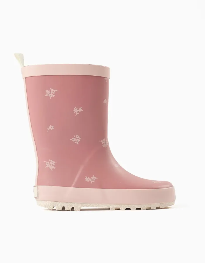 Rubber wellies with floral print for girls, pink