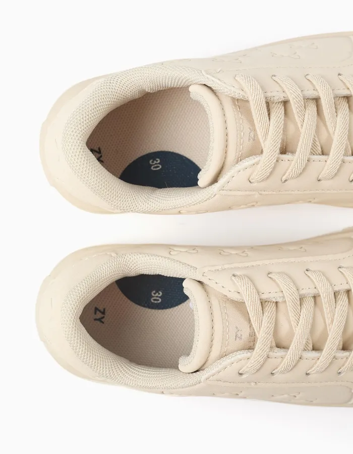 Trainers with embossed bows and elastic laces for girls, beige