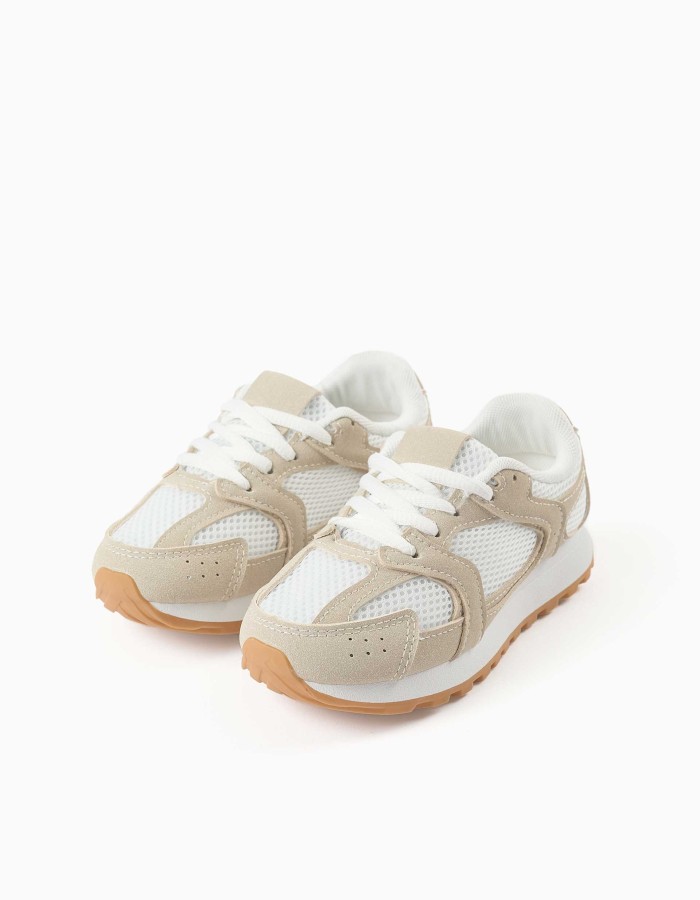 Trainers with laces and non-slip rubber sole for girls, beige/white