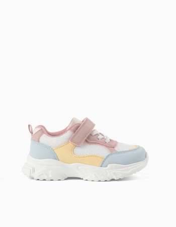 Dual-fabric trainers with chunky sole for girls, white/pink/blue/yellow