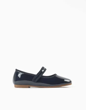 Patent Mary Jane shoes with touch-fastener for girls, navy blue