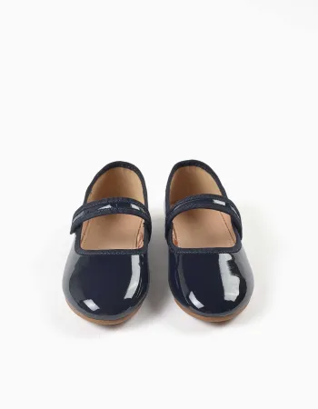 Patent Mary Jane shoes with touch-fastener for girls, navy blue