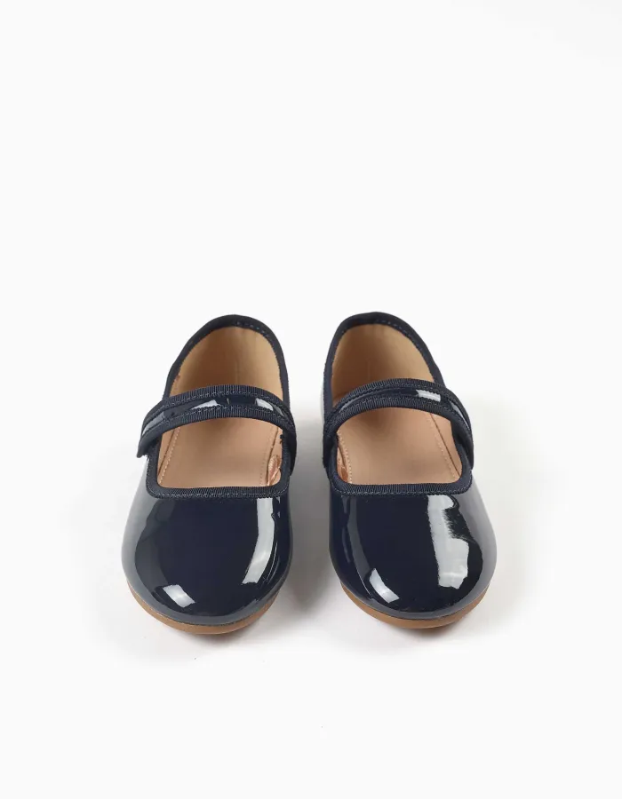 Patent Mary Jane shoes with touch-fastener for girls, navy blue