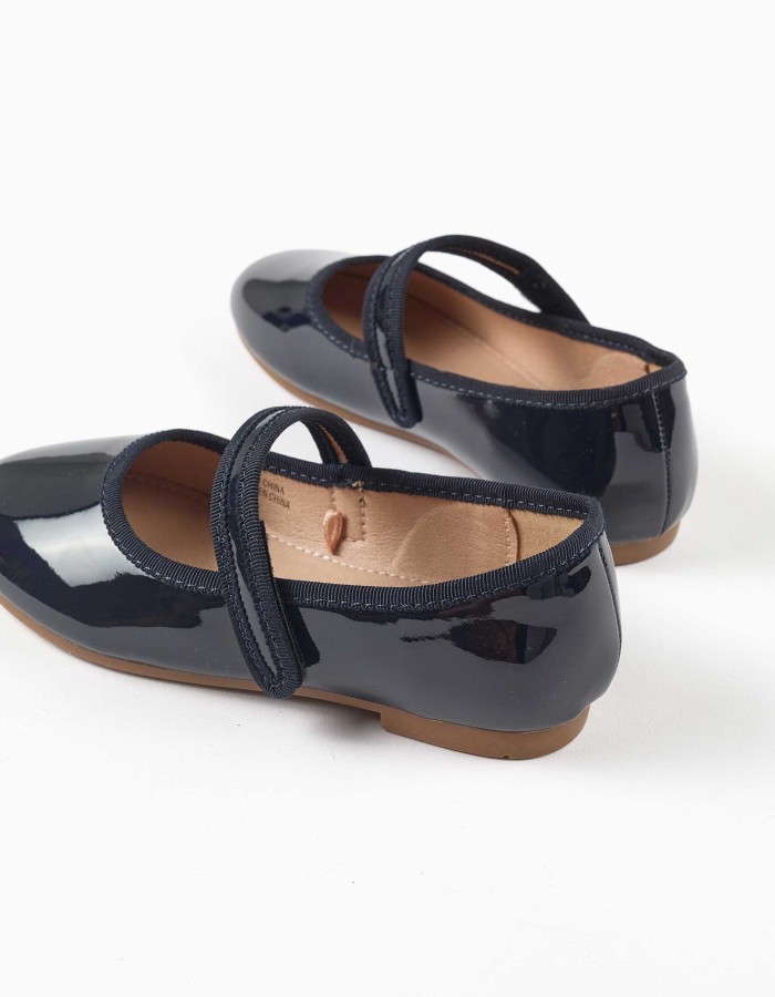 Patent Mary Jane shoes with touch-fastener for girls, navy blue
