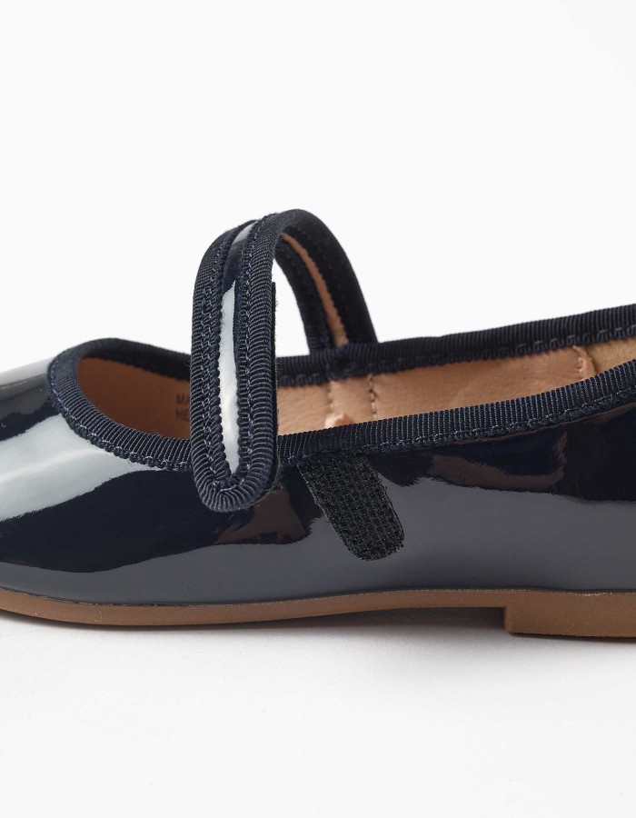 Patent Mary Jane shoes with touch-fastener for girls, navy blue