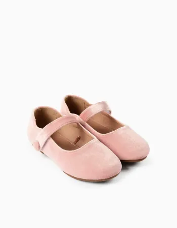 Velvet Mary Jane shoes with touch-fastener for girls, light pink
