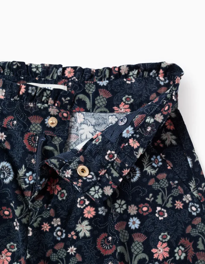 Corduroy Floral Shorts for Girls, Dark Blue