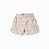 Twill Shorts with Colourful Floral Motif for Girls, Beige