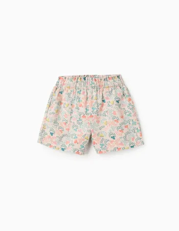 Twill Shorts with Colourful Floral Motif for Girls, Beige