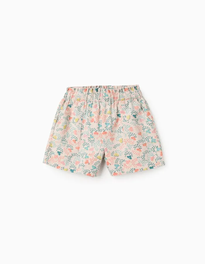 Twill Shorts with Colourful Floral Motif for Girls, Beige
