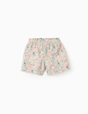 Twill Shorts with Colourful Floral Motif for Girls, Beige