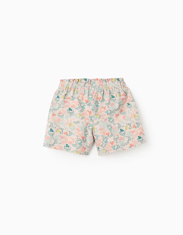 Twill Shorts with Colourful Floral Motif for Girls, Beige