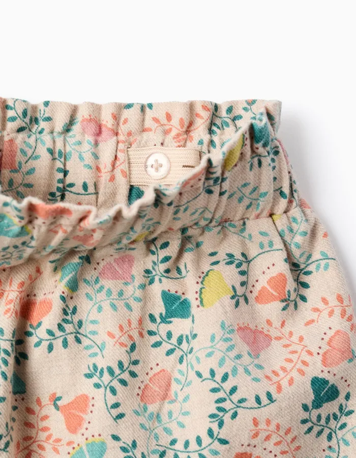 Twill Shorts with Colourful Floral Motif for Girls, Beige