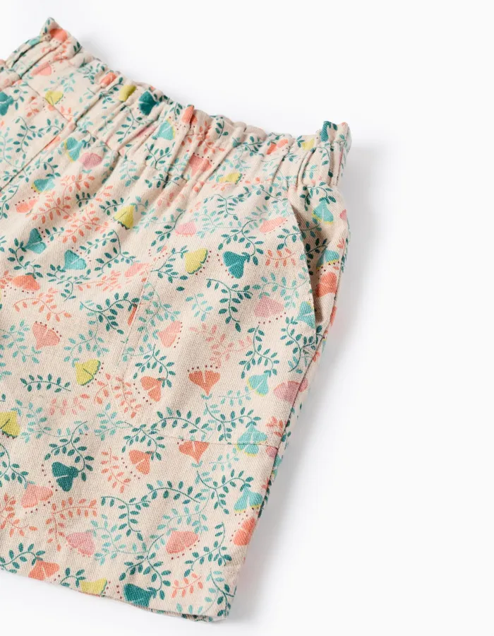 Twill Shorts with Colourful Floral Motif for Girls, Beige
