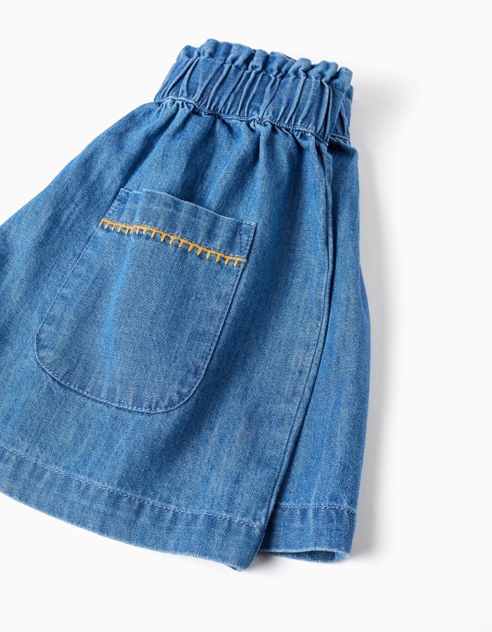 Cotton denim shorts with front pockets for girls, blue