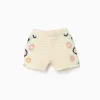 Cotton knit shorts with crochet flowers for girls, light beige