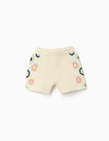 Cotton knit shorts with crochet flowers for girls, light beige