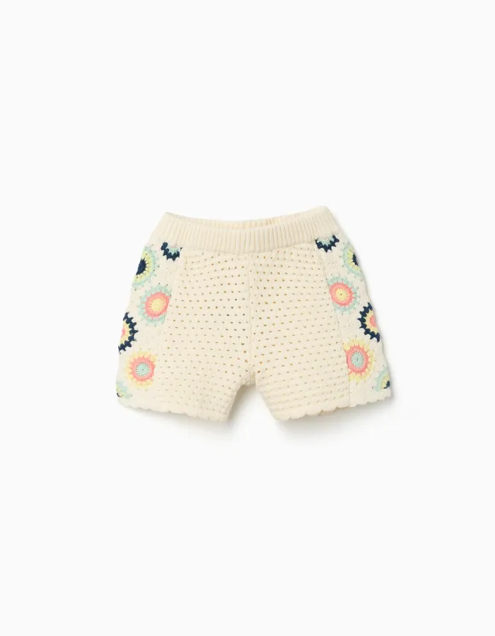 Cotton knit shorts with crochet flowers for girls, light beige