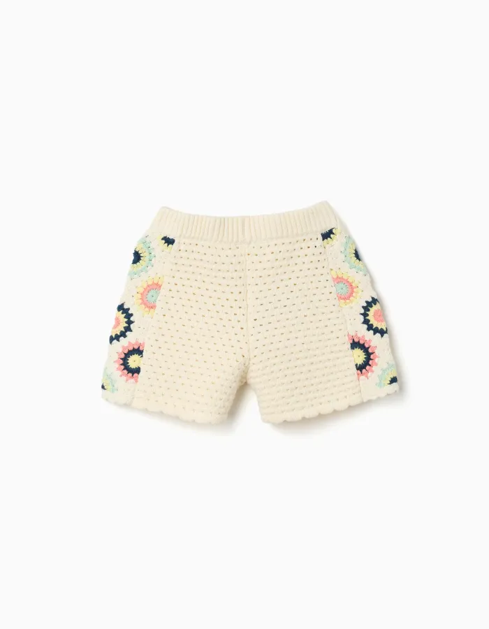 Cotton knit shorts with crochet flowers for girls, light beige