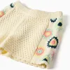 Cotton knit shorts with crochet flowers for girls, light beige