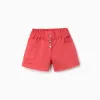 Twill shorts with cargo pockets and elastic waistband for girls, coral