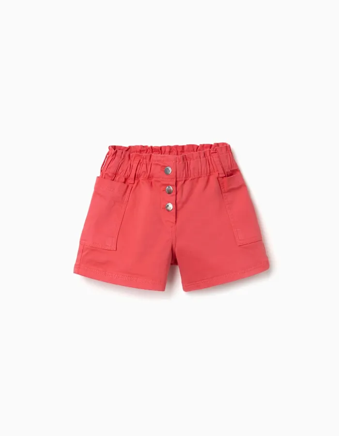 Twill shorts with cargo pockets and elastic waistband for girls, coral