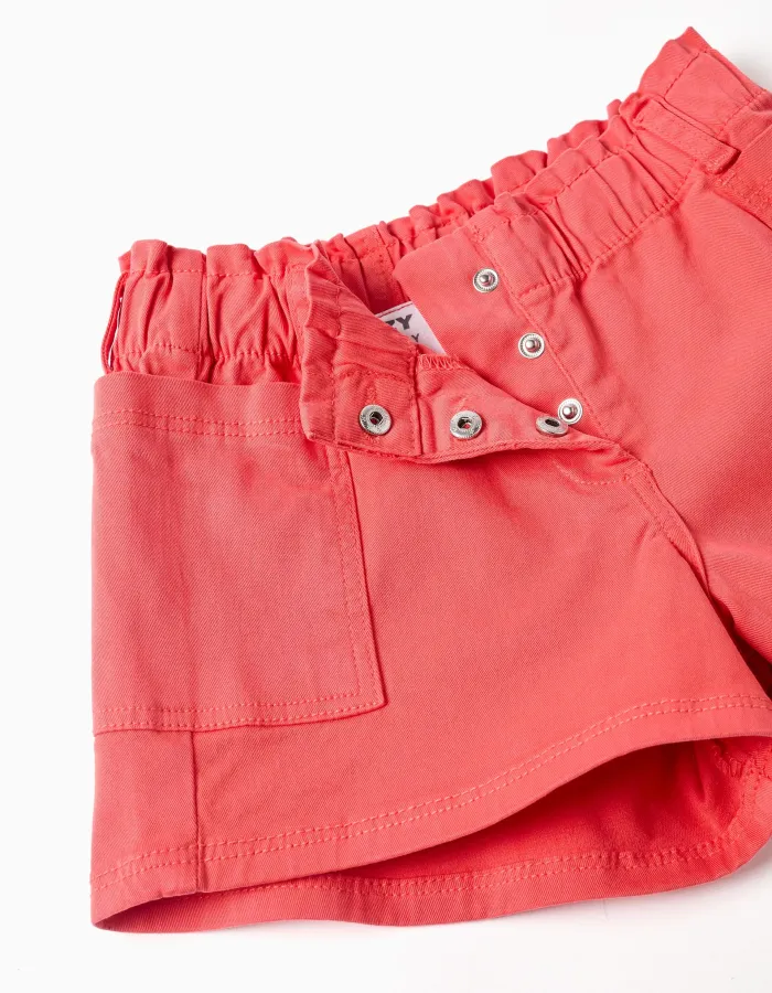 Twill shorts with cargo pockets and elastic waistband for girls, coral