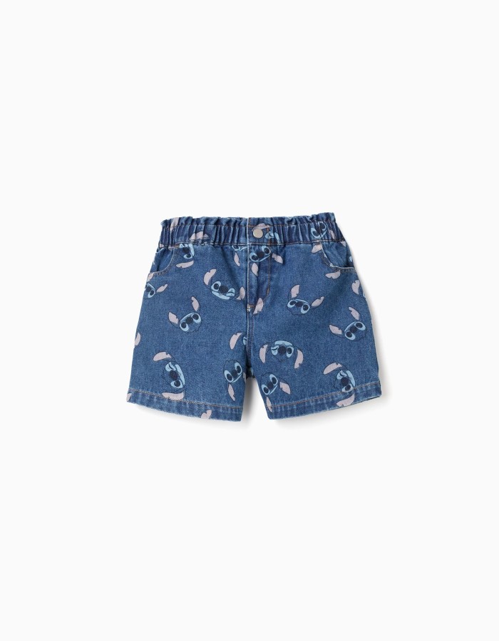 Denim shorts with Stitch motif and paperbag waist for girls, blue