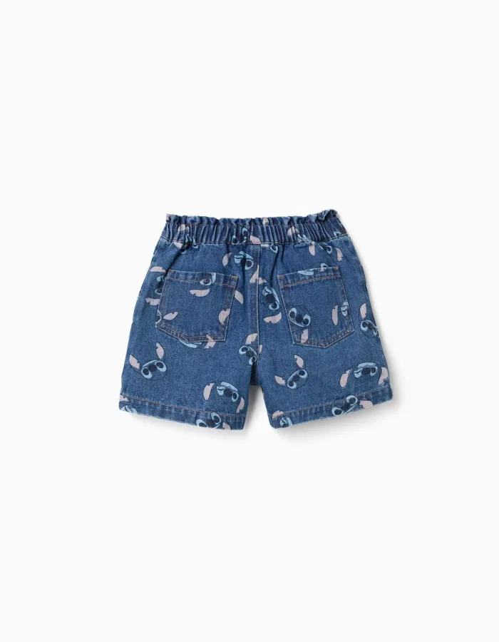 Denim shorts with Stitch motif and paperbag waist for girls, blue