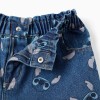 Denim shorts with Stitch motif and paperbag waist for girls, blue