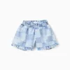 Denim shorts with checkered pattern and ruffles for girls, blue