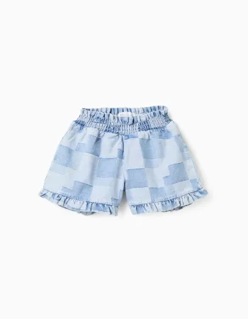 Denim shorts with checkered pattern and ruffles for girls, blue