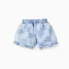 Denim shorts with checkered pattern and ruffles for girls, blue