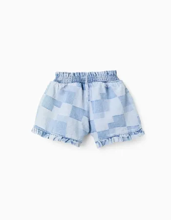 Denim shorts with checkered pattern and ruffles for girls, blue